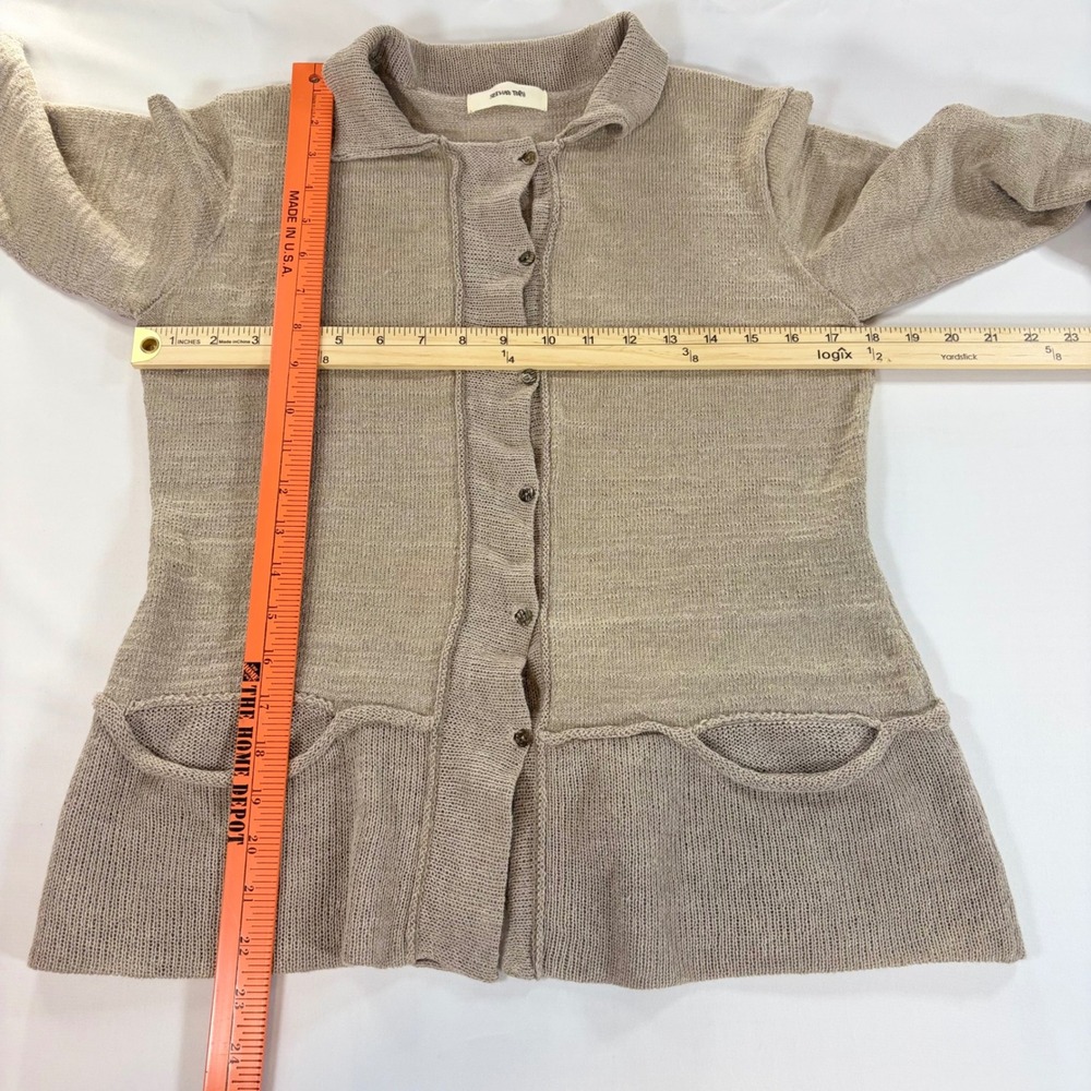 Setsuko Torii Japan 100% Linen Knit Cardigan Sweater Tan Beige Pocket Button - Picture 7 of 9
